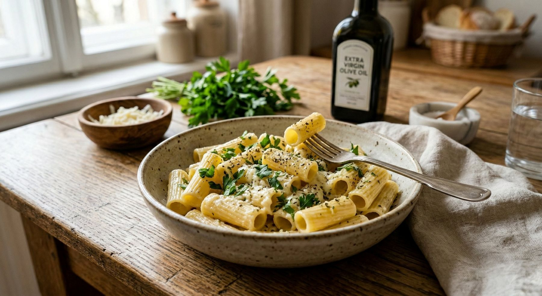 Bowl of rigatoni pasta with melted goat’s cheese and fresh parsley on a wooden farmhouse table, styled in soft natural daylight with olive oil and linen napkin.