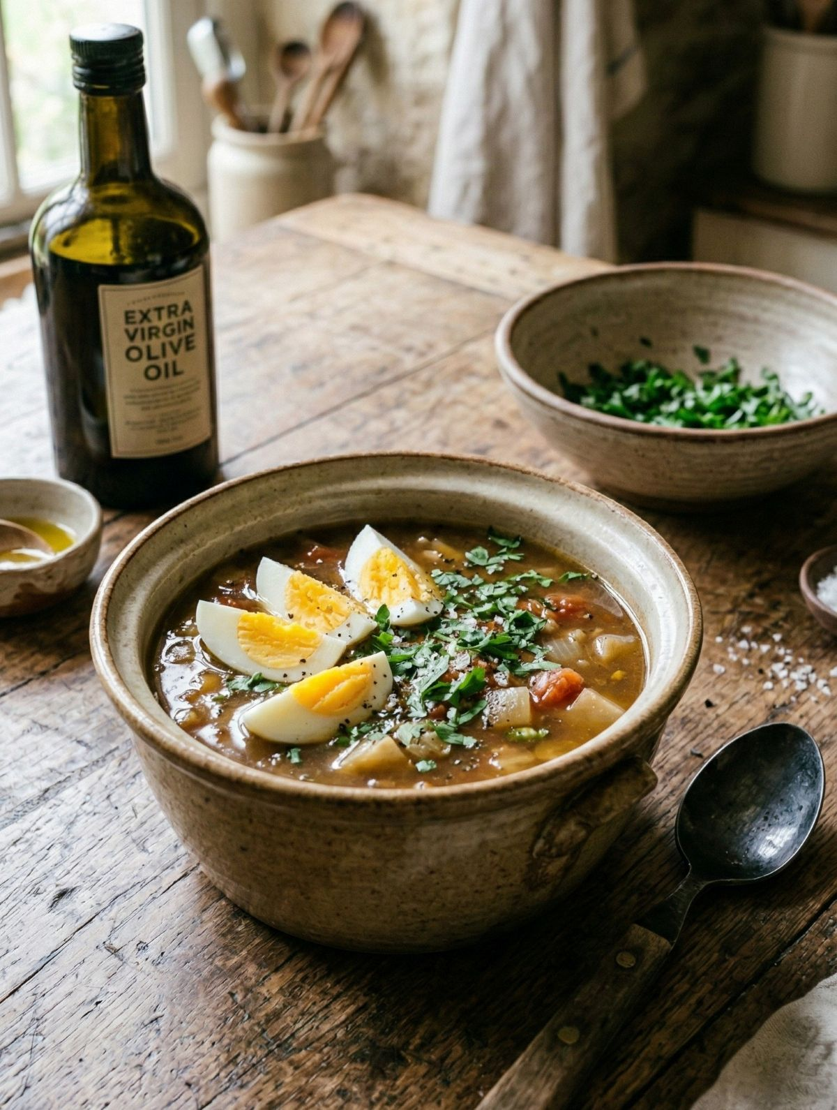 Rustic Italian-inspired celeriac soup with boiled eggs, tomatoes and fresh parsley served in a ceramic bowl on a wooden farmhouse table.