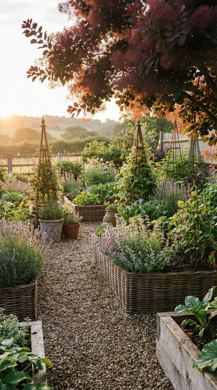 Bespoke woven willow raised beds and garden obelisks along a gravel pathway at sunset.