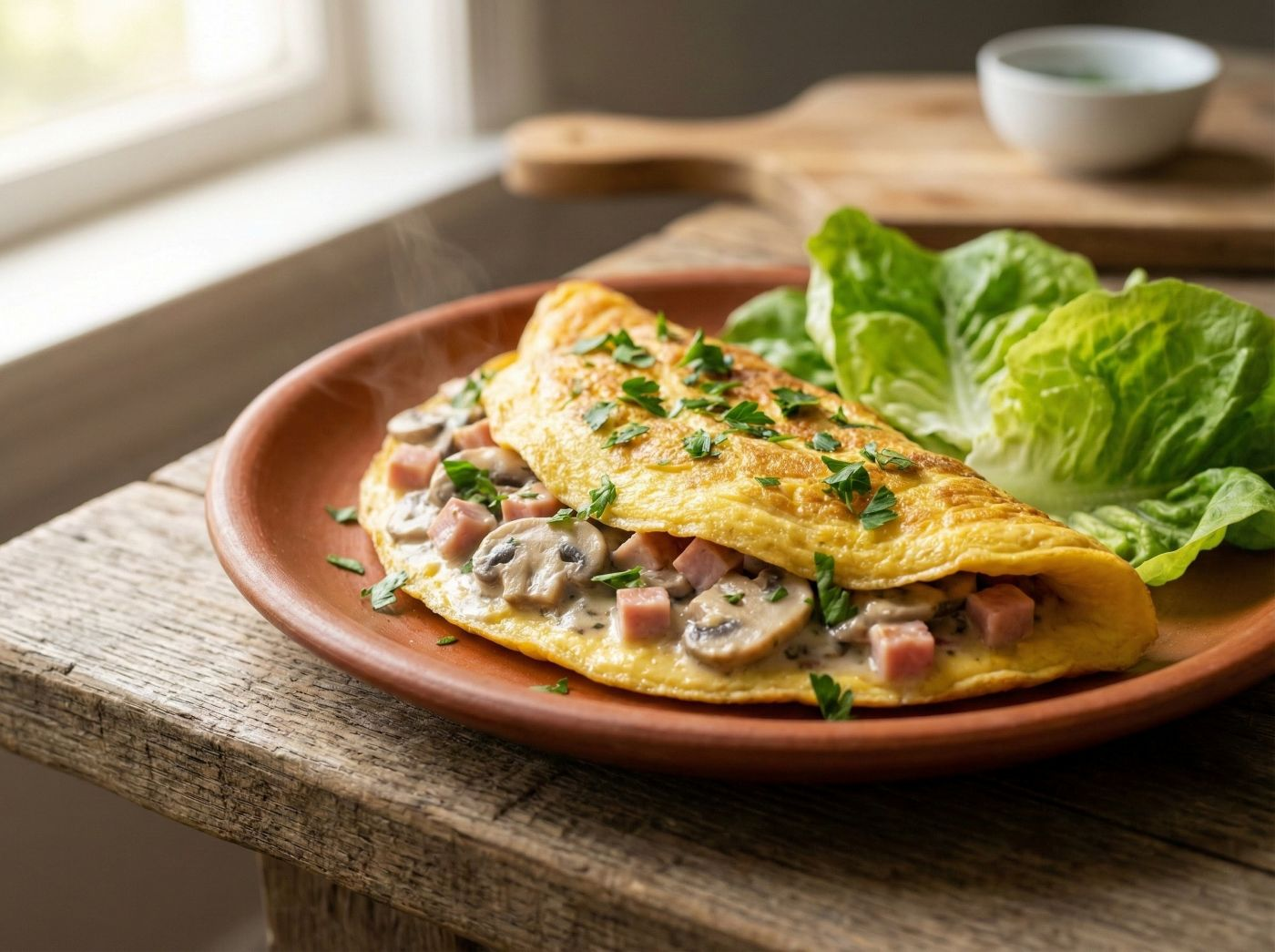 Steaming mushroom and bacon omelette served on a wooden table beside a window, styled in natural morning light with fresh lettuce