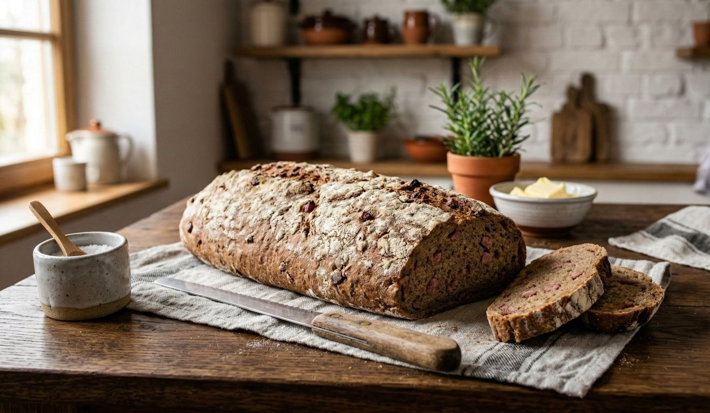 Rustic homemade salami rye bread loaf with visible pieces of salami, sliced on a wooden table with a bread knife in a warm farmhouse kitchen.