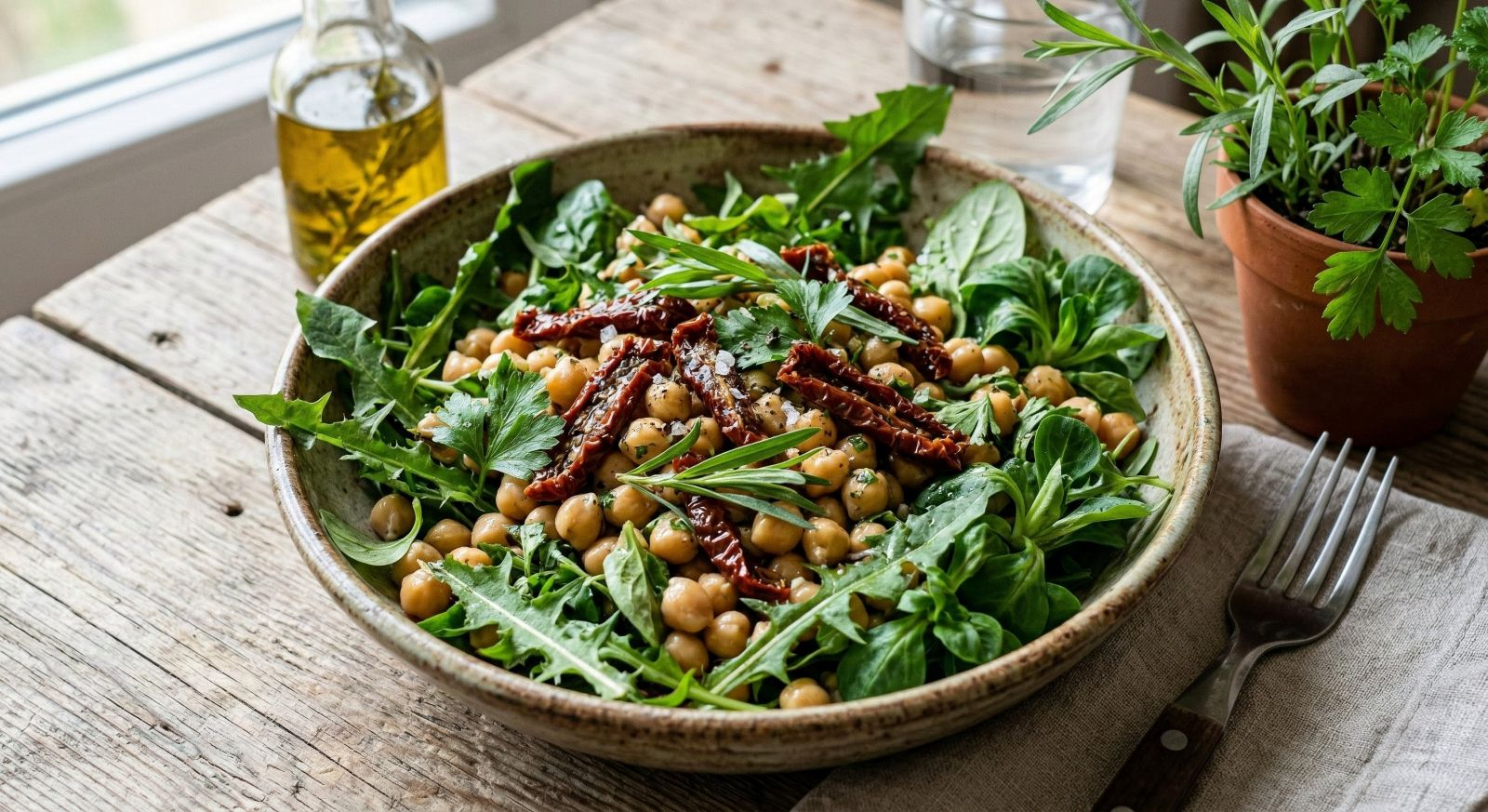 Close view of chickpea salad with sun-dried tomatoes, parsley and mixed greens in a ceramic bowl, photographed on a rustic wooden table in natural window light.