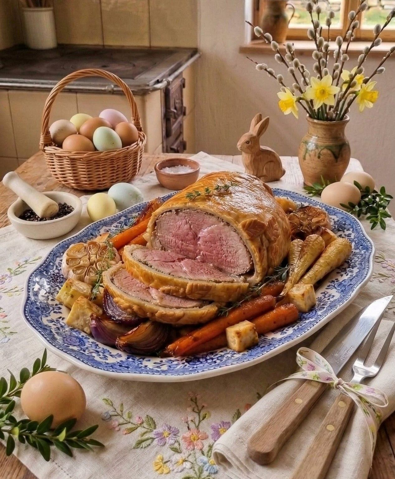 Sliced pork knuckle baked in golden puff pastry served with roasted root vegetables on a rustic Easter table with eggs and spring flowers.