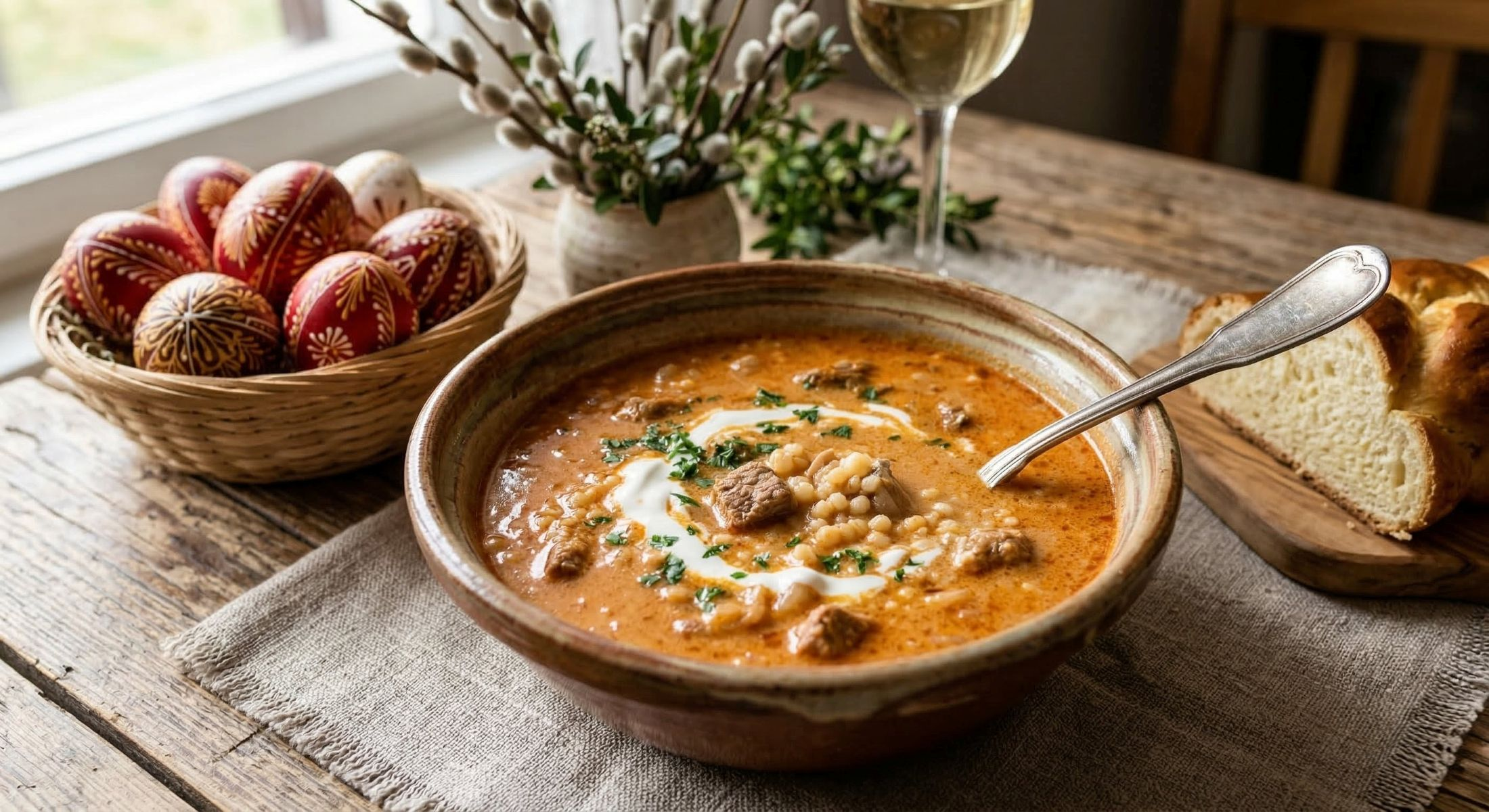 Bowl of rustic Easter shepherd’s soup with tender meat, paprika broth, sour cream and small pasta grains served on a wooden farmhouse table