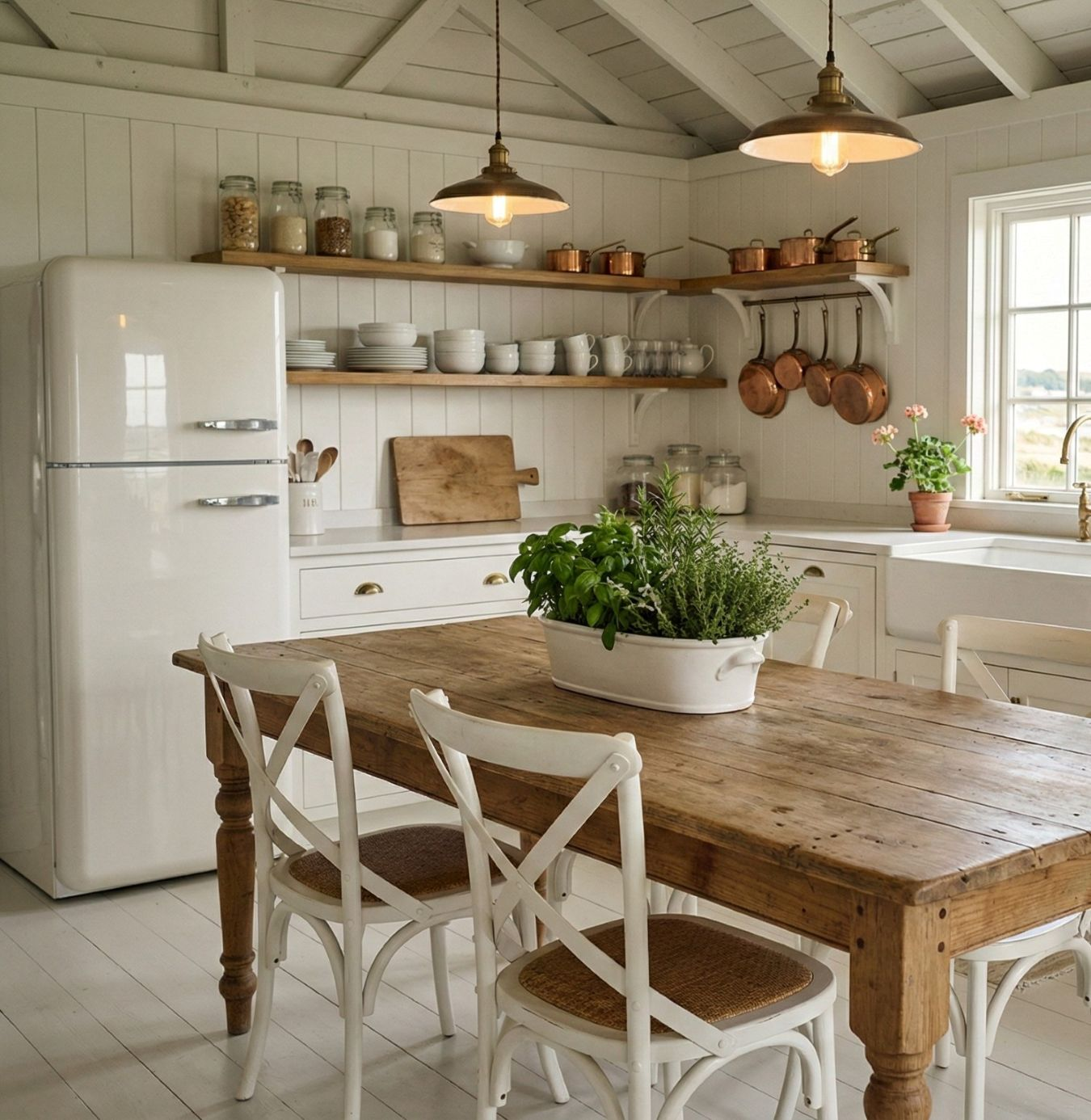 Bright rustic farmhouse kitchen with a wooden dining table, open wooden shelves, copper cookware and a vintage cream refrigerator in a light-filled interior.