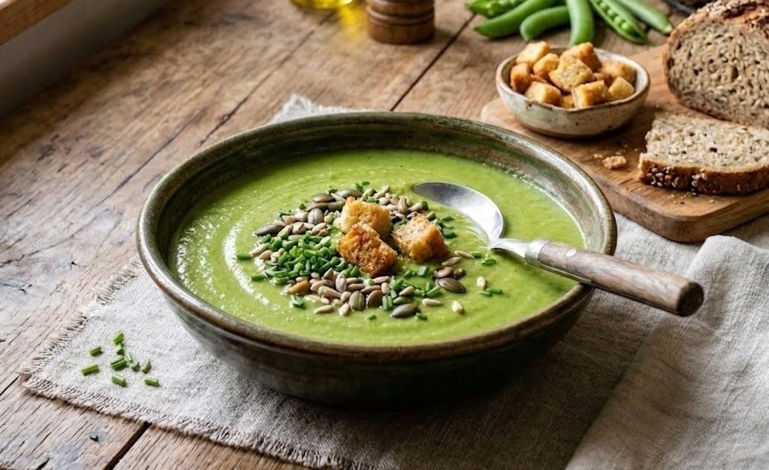 Spring Creamy Pea Soup with Spring Onions and Croutons