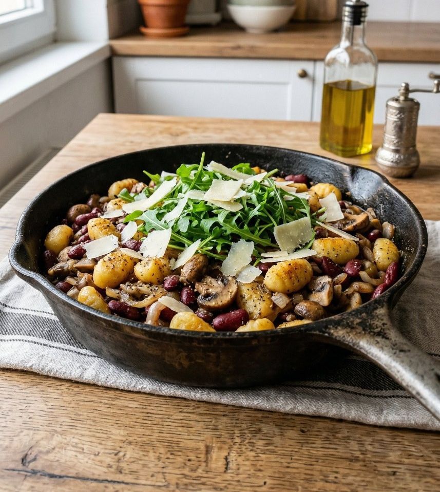 Bean & Mushroom Gnocchi Skillet with Rocket and Parmesan