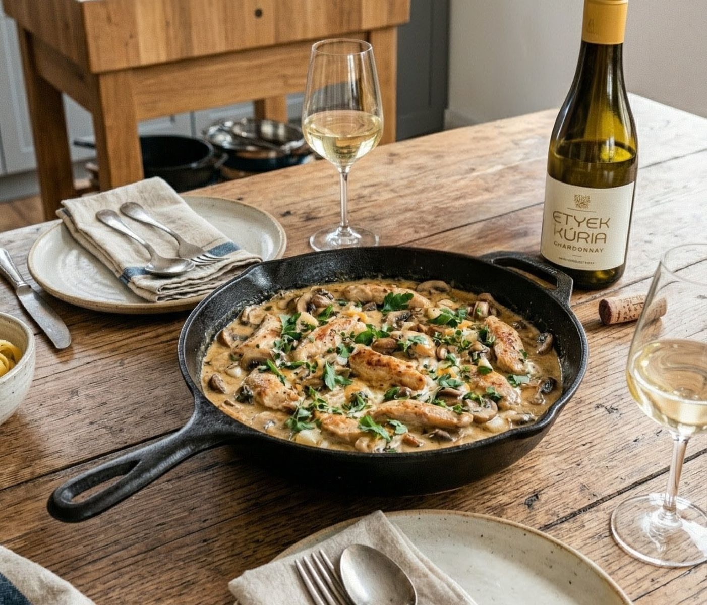 One-Skillet Chicken & Mushroom Strips in Creamy Cheese Sauce