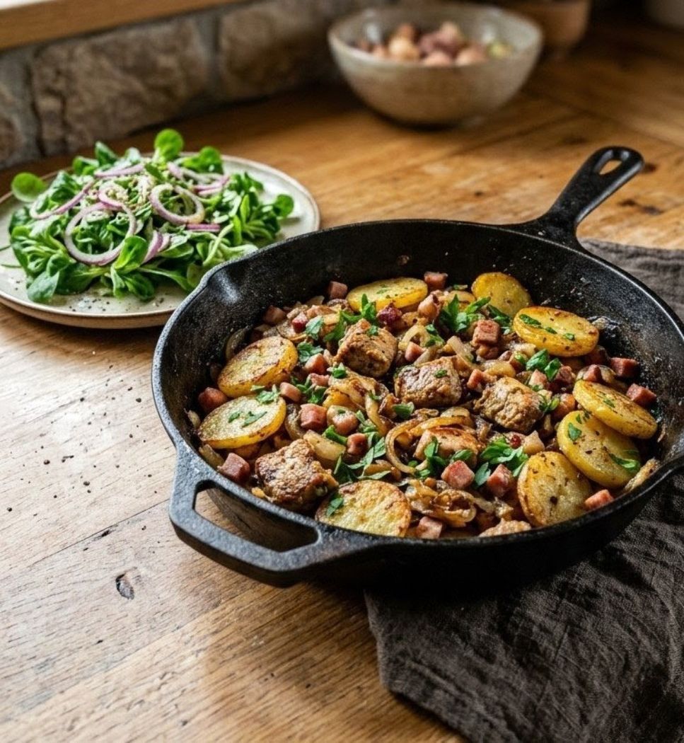 A Rustic One-Skillet Meal of Golden Pork with a Mustard Lamb’s Lettuce Salad