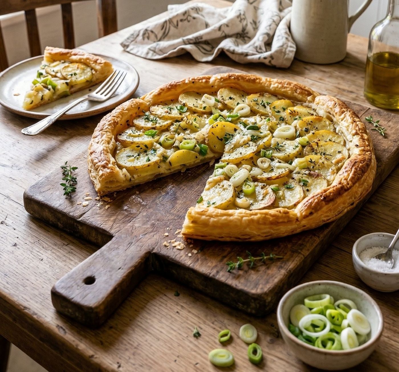 Easy Spring Onion & Potato Puff Pastry Tart with Cheese and Herbs– A Simple Rustic Recipe for Spring