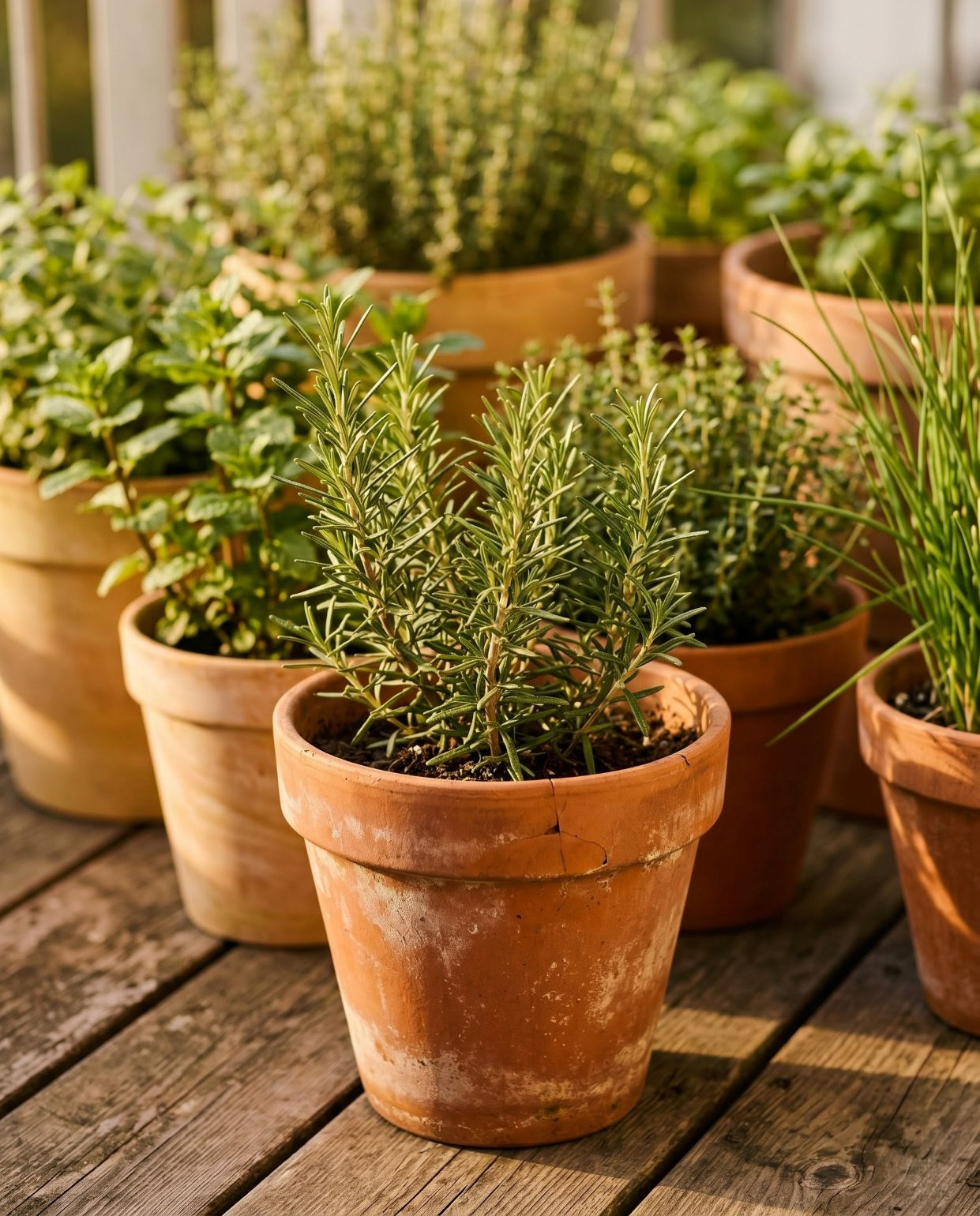 Healthy rosemary plant growing in a weathered terracotta pot on a wooden balcony deck.