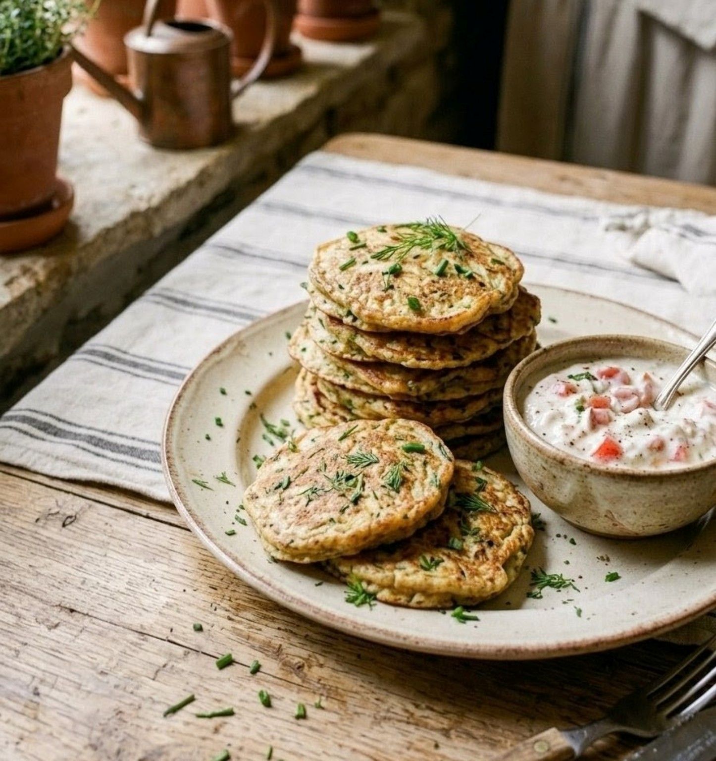 Spring Herb Pancakes with a Yogurt & Tomato Dip