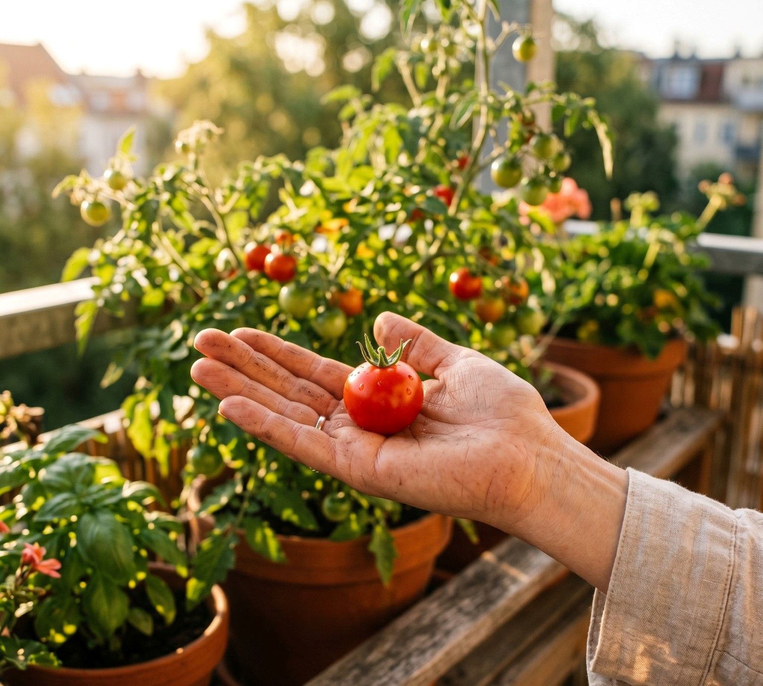 A freshly picked cherry tomato resting in a gardener’s hand on a sunny balcony filled with potted tomato plants.